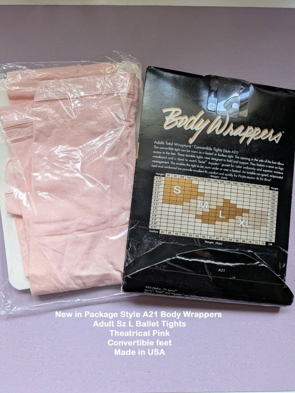 Unworn A21 Body Wrappers Sz L Ballet Tights, Convertible Feet, Theatrical Pink